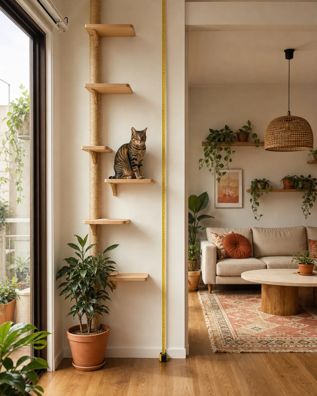 Tape measure running from floor to ceiling against an apartment wall