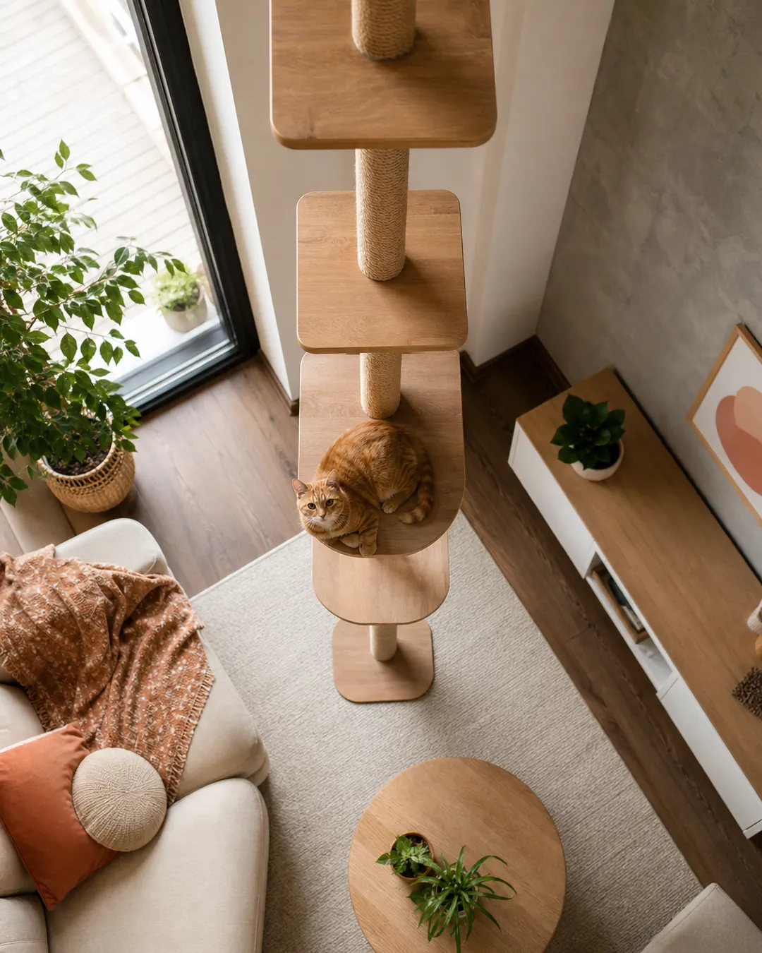 Floor-to-ceiling pole with six platforms and a cat resting halfway up