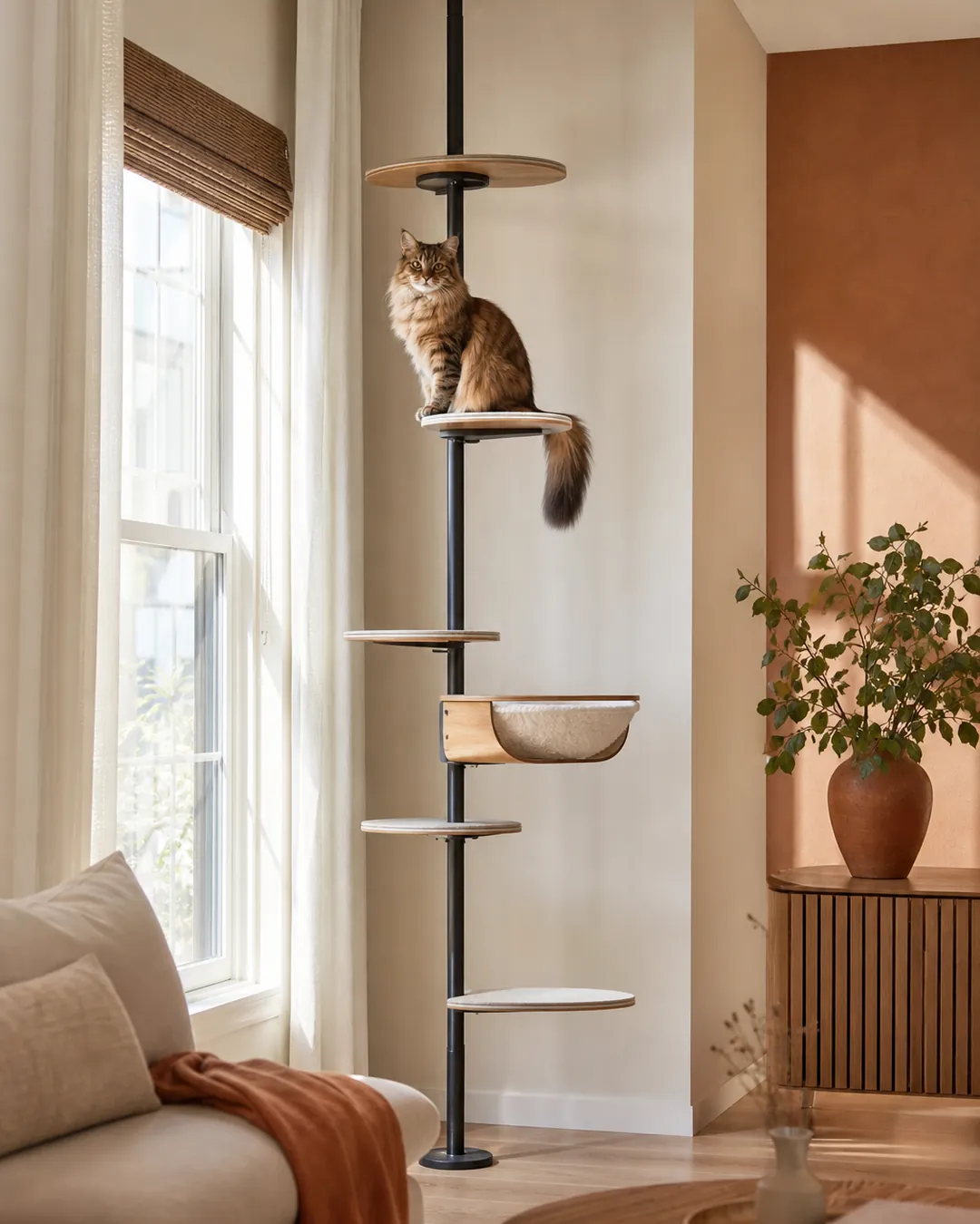 Tension pole standing beside a sunlit window with a cat on a platform