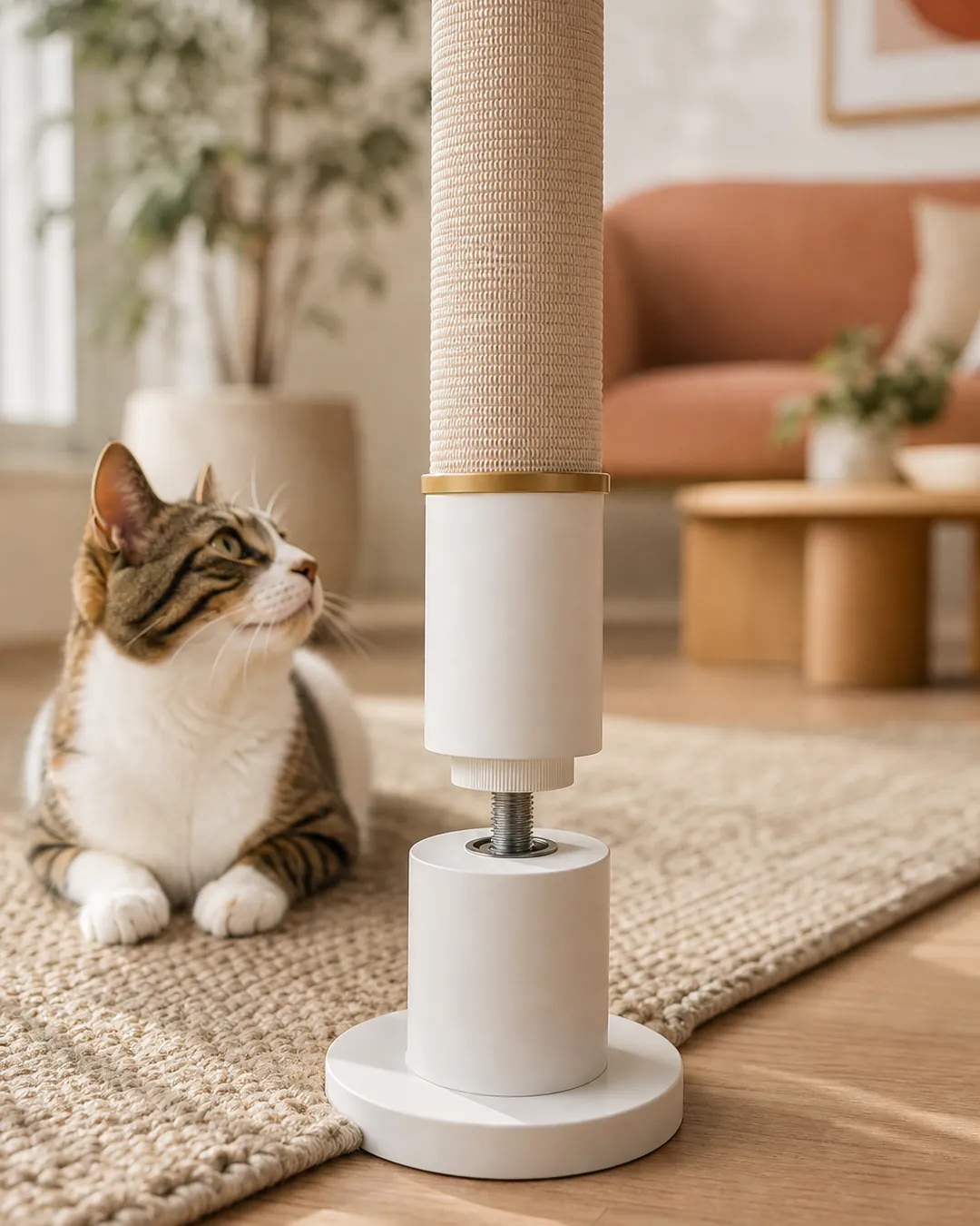 Base of a tension pole with clear rug space on two sides of it
