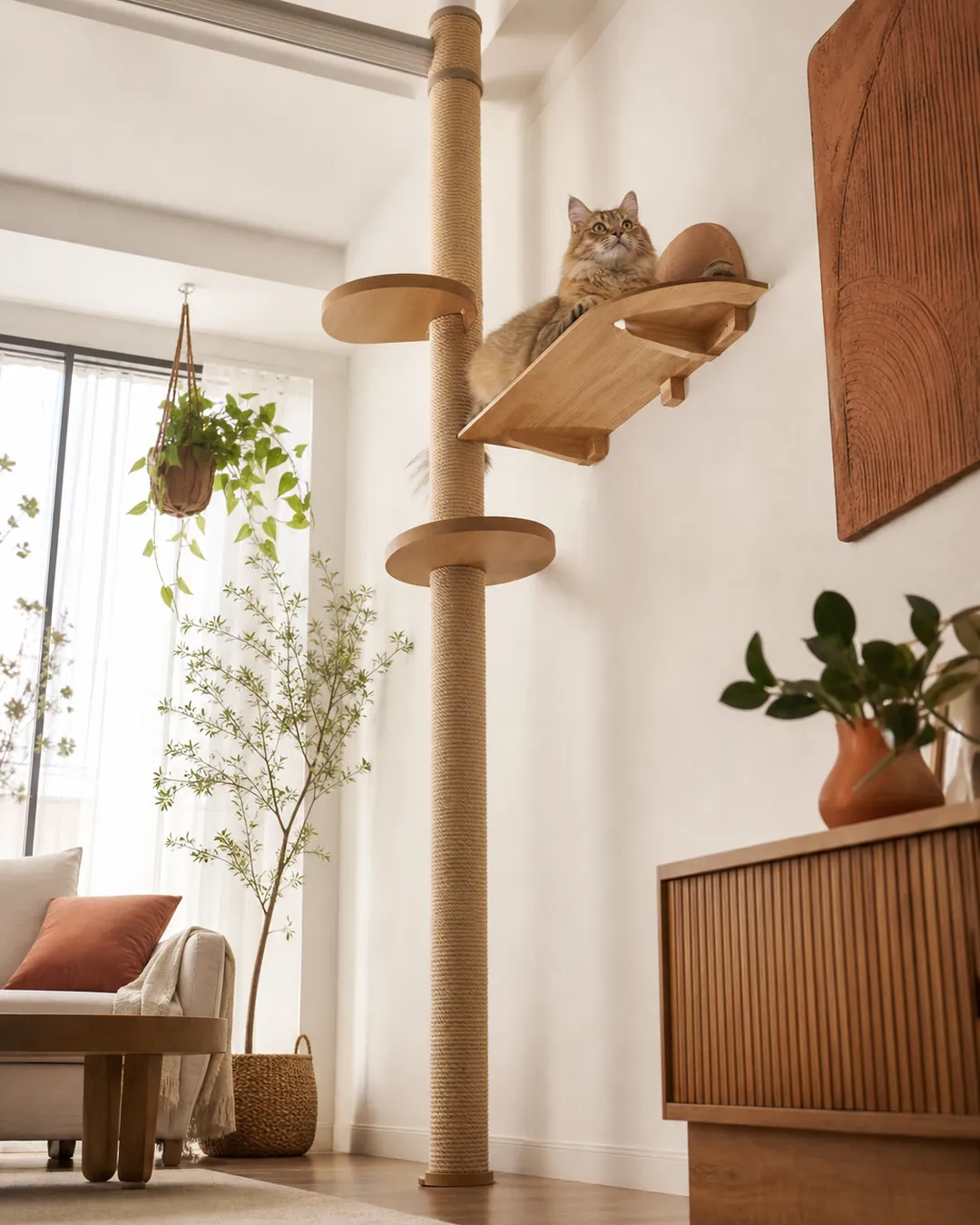 Cat resting on the upper platform of a floor-to-ceiling pole beside a cabinet