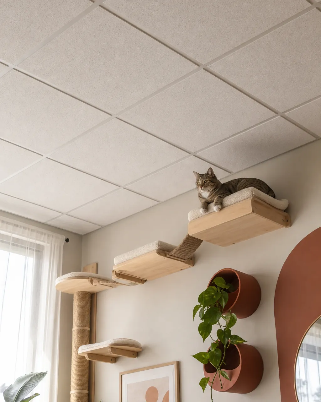 Suspended ceiling grid of square tiles seen from below in the corner of a room