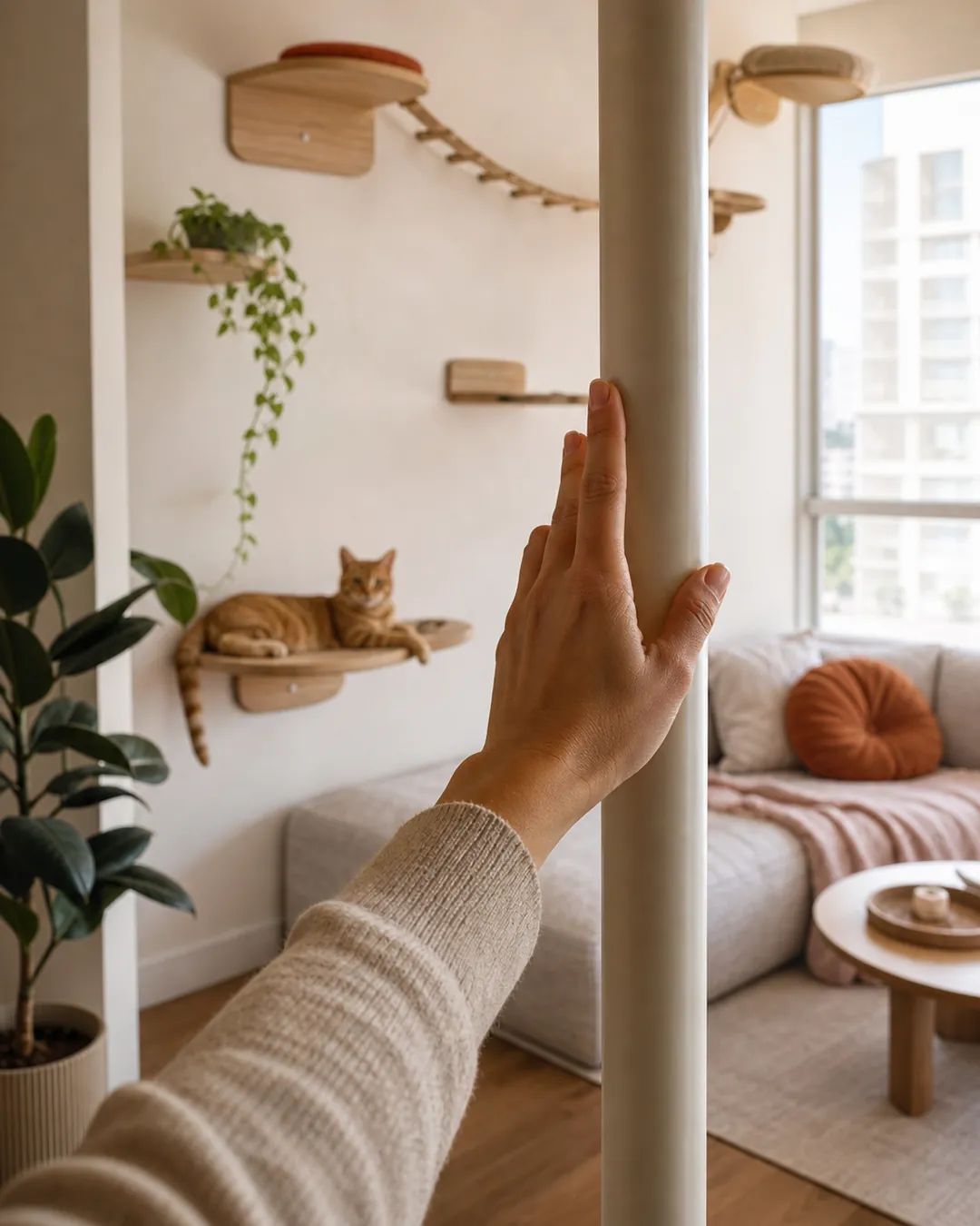 Hand pressing firmly against a tension pole at chest height to test it
