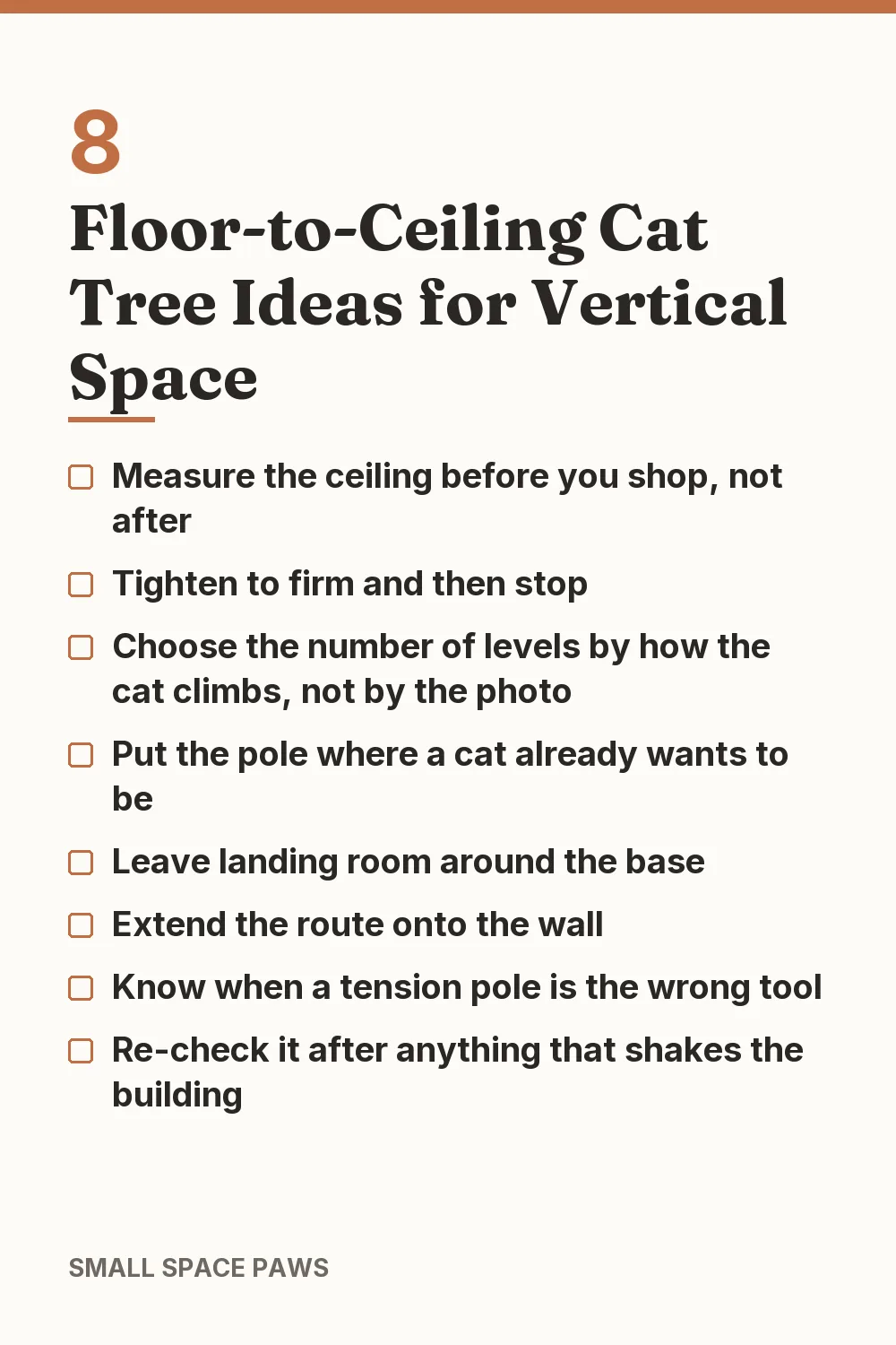 Checklist of every idea in 8 Floor-to-Ceiling Cat Tree Ideas for Vertical Space