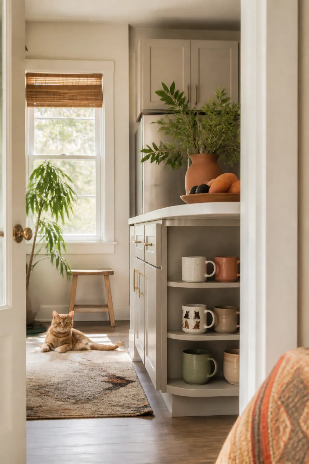 White stoneware mug printed with cat silhouettes sitting on a kitchen cabinet shelf among other mugs