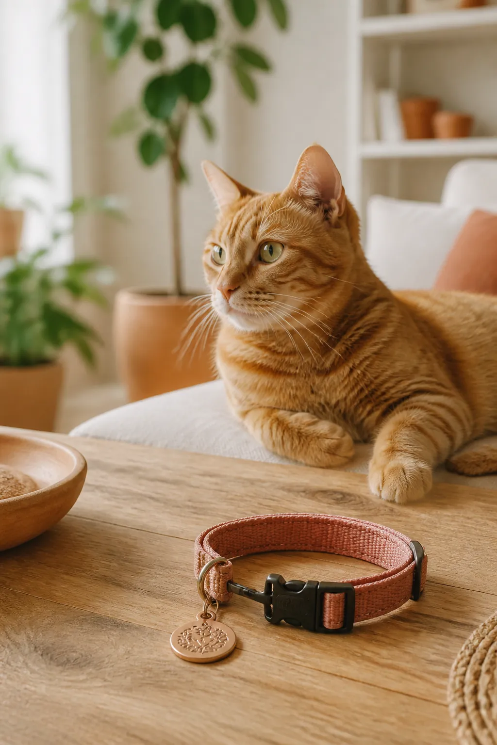Small engraved pet ID tag resting on a wooden table next to an unclipped cat collar