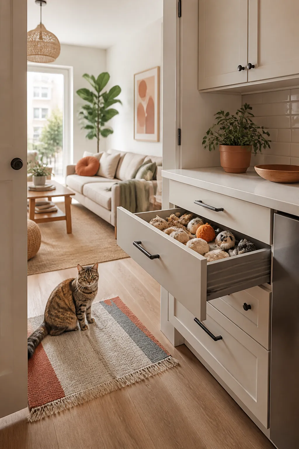 Open kitchen drawer holding a handful of small cat toys from a monthly subscription box
