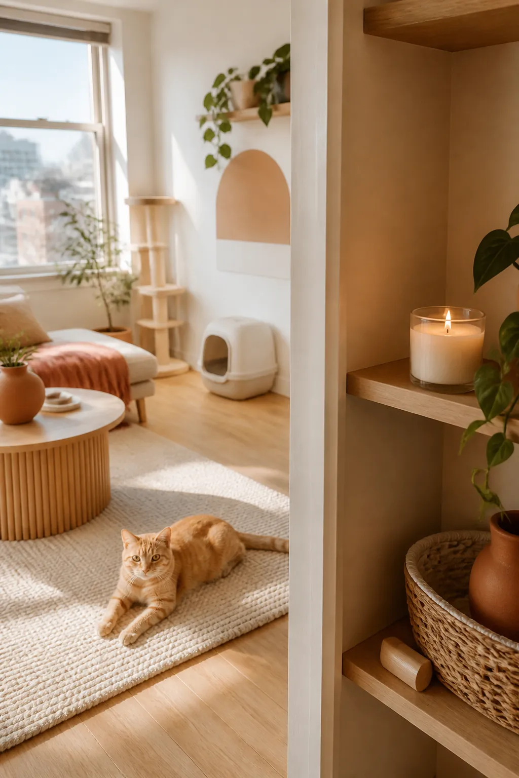 Lit candle in a plain glass jar sitting on a shelf, a litter box visible across the room