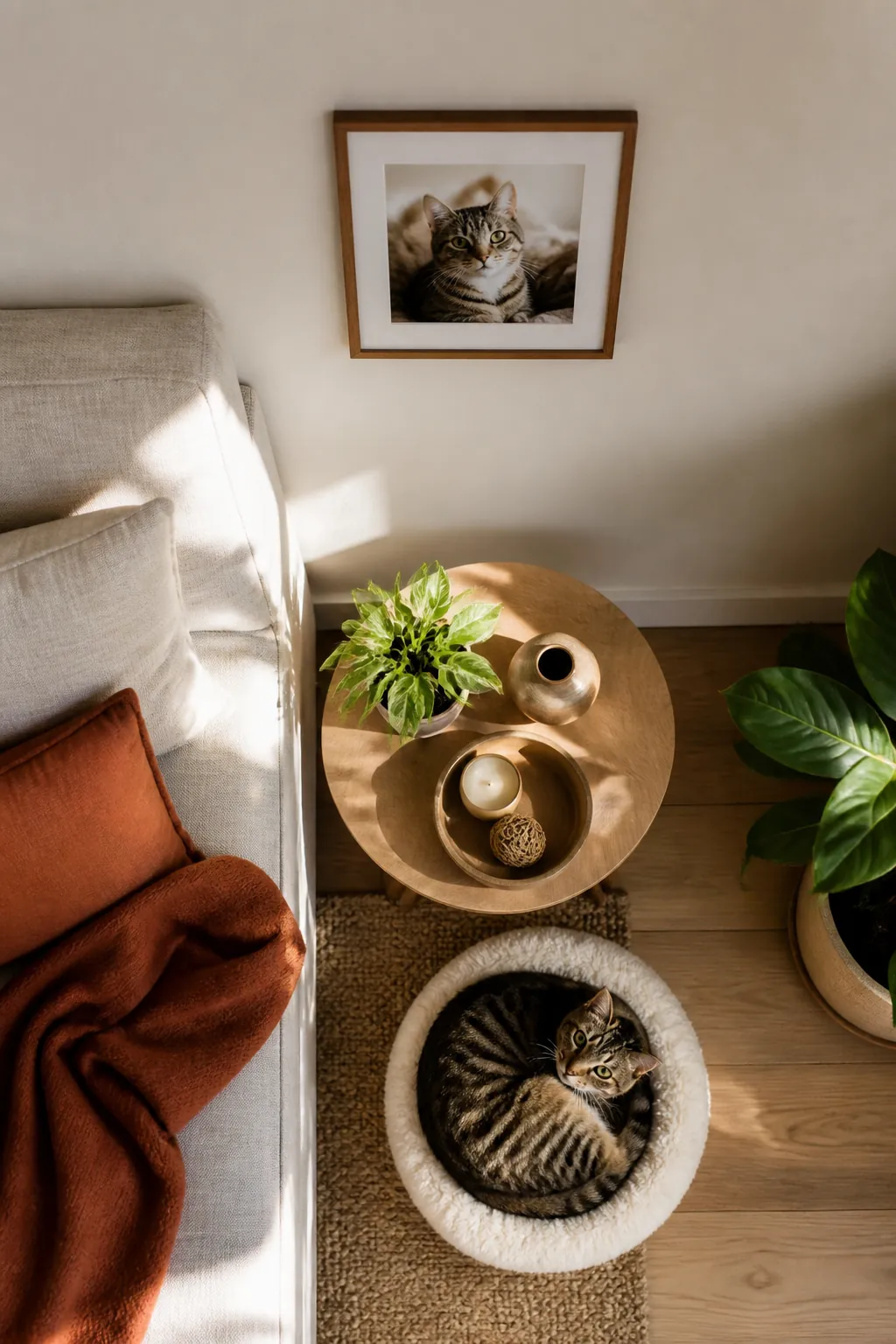 Small framed photograph of a cat hanging on a living room wall above a side table