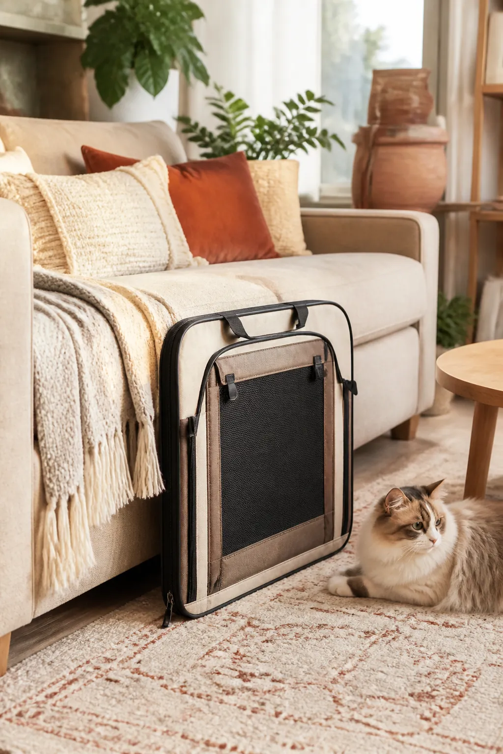 Collapsible soft-sided cat carrier folded flat, standing upright beside a sofa like a small table