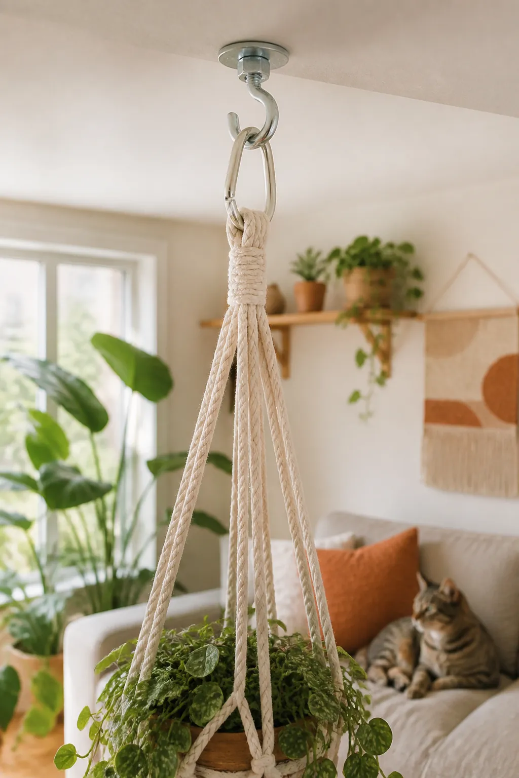 Macrame hanging planter with a trailing plant suspended from a ceiling hook above furniture