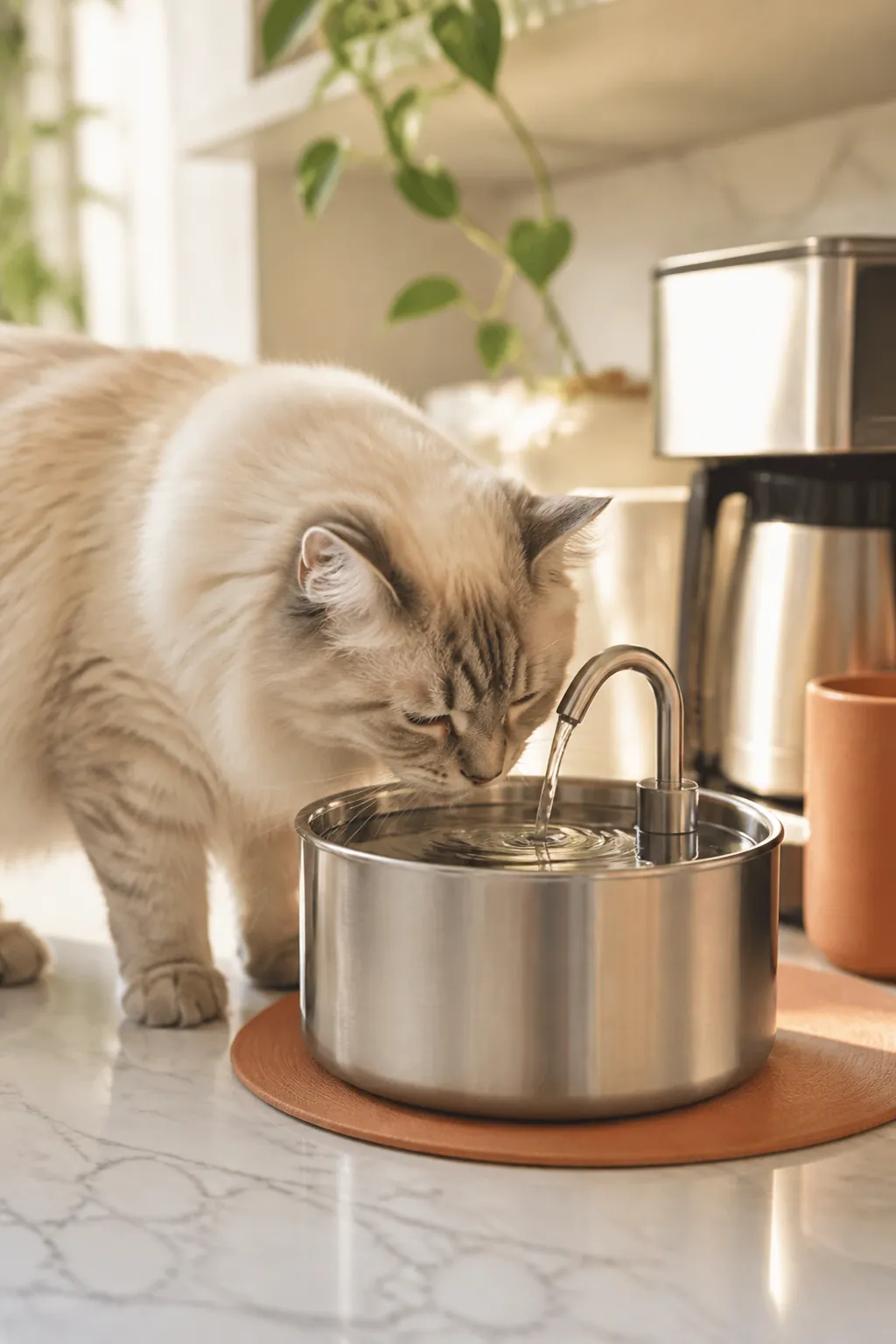 Stainless steel cat water fountain sitting on a kitchen counter corner beside a coffee maker