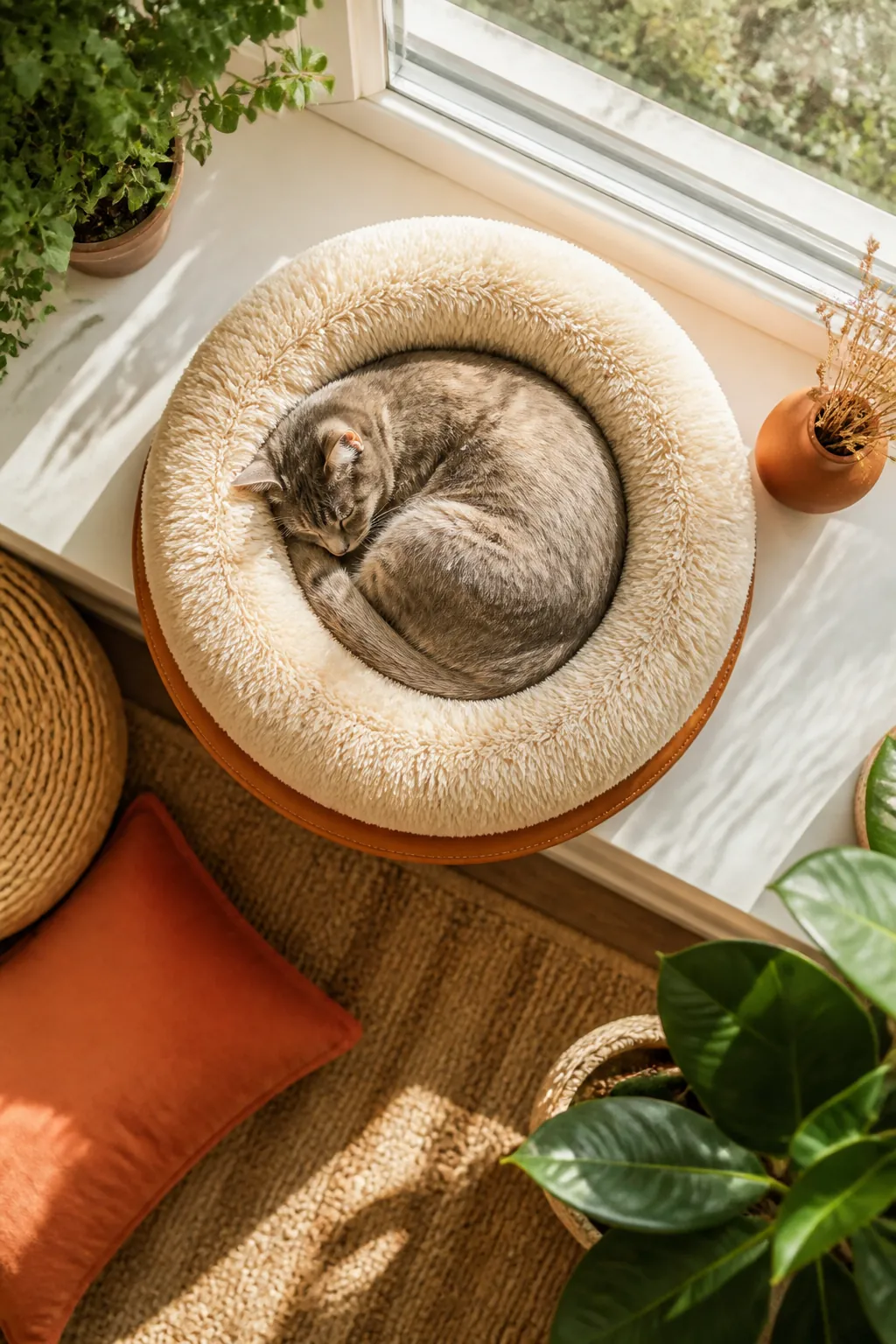 Round heated donut cat bed with a cat curled up inside, placed on a sunlit windowsill ledge