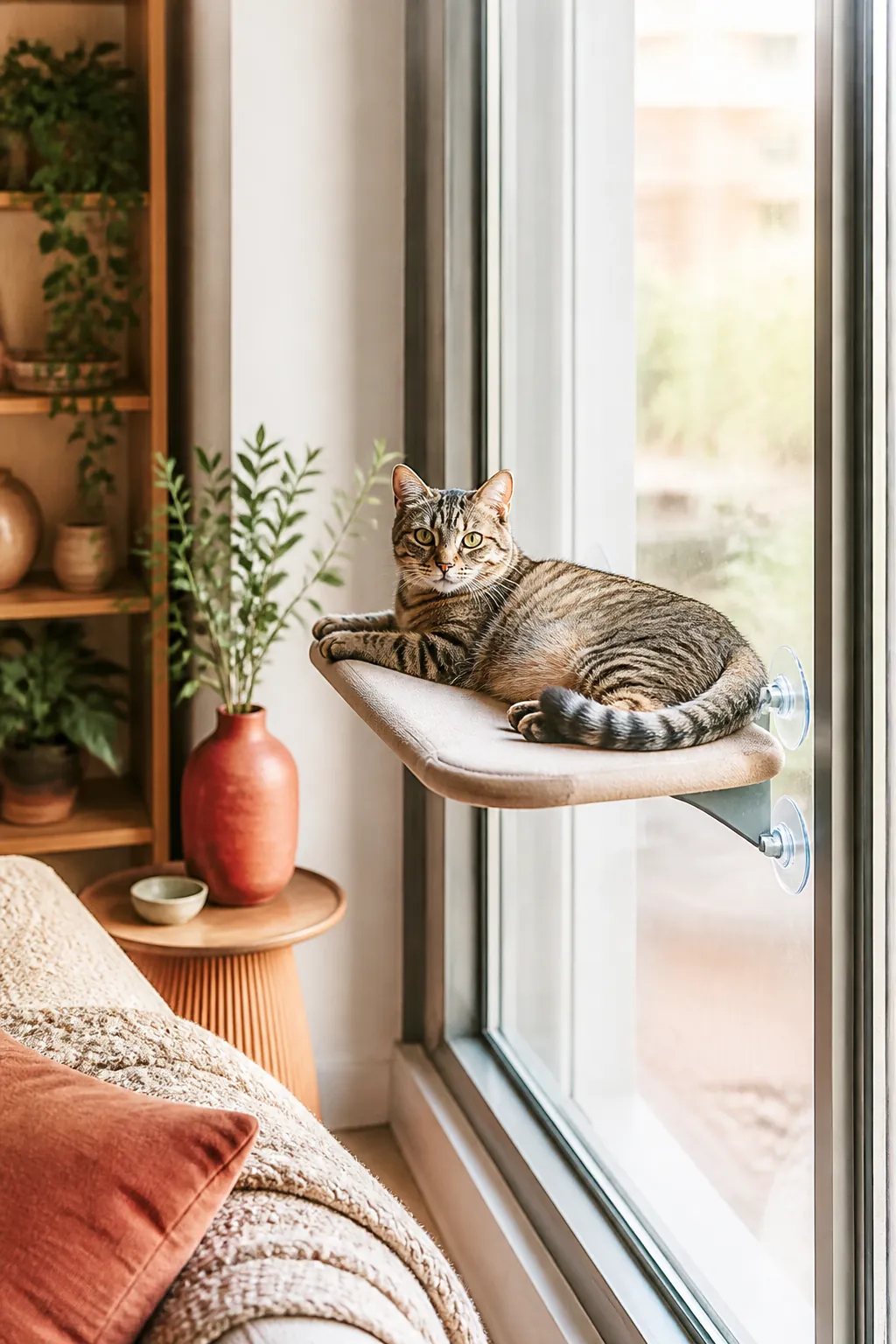Window perch attached to glass with suction cups, a cat lying stretched out on top