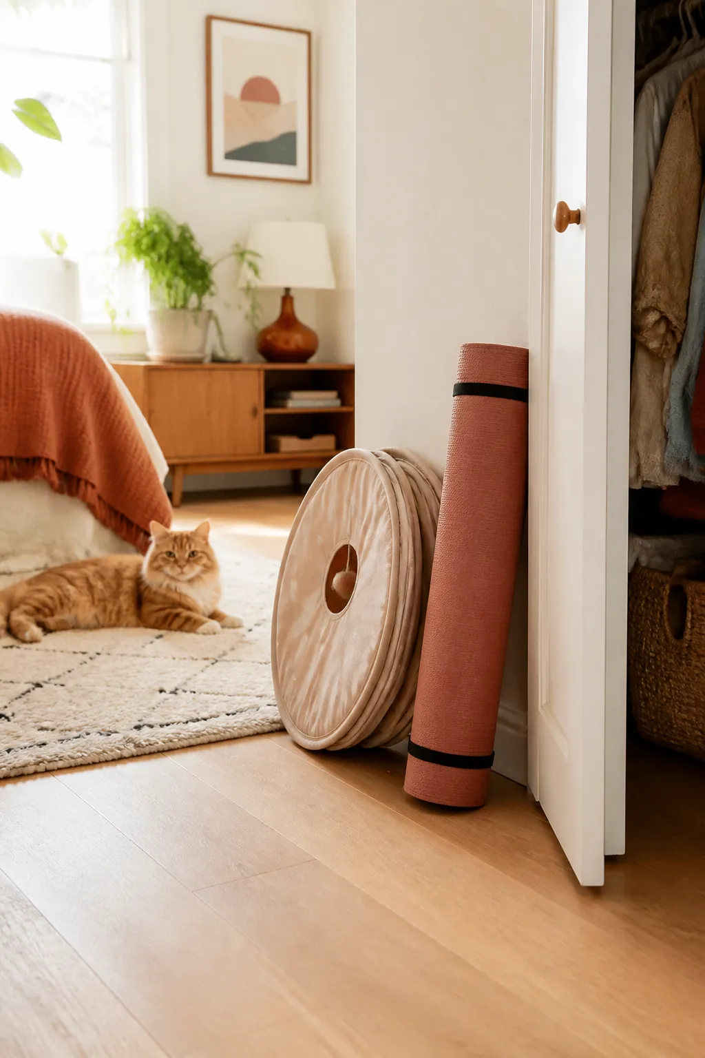 Collapsible fabric cat tunnel folded flat beside an open closet door, next to a rolled yoga mat