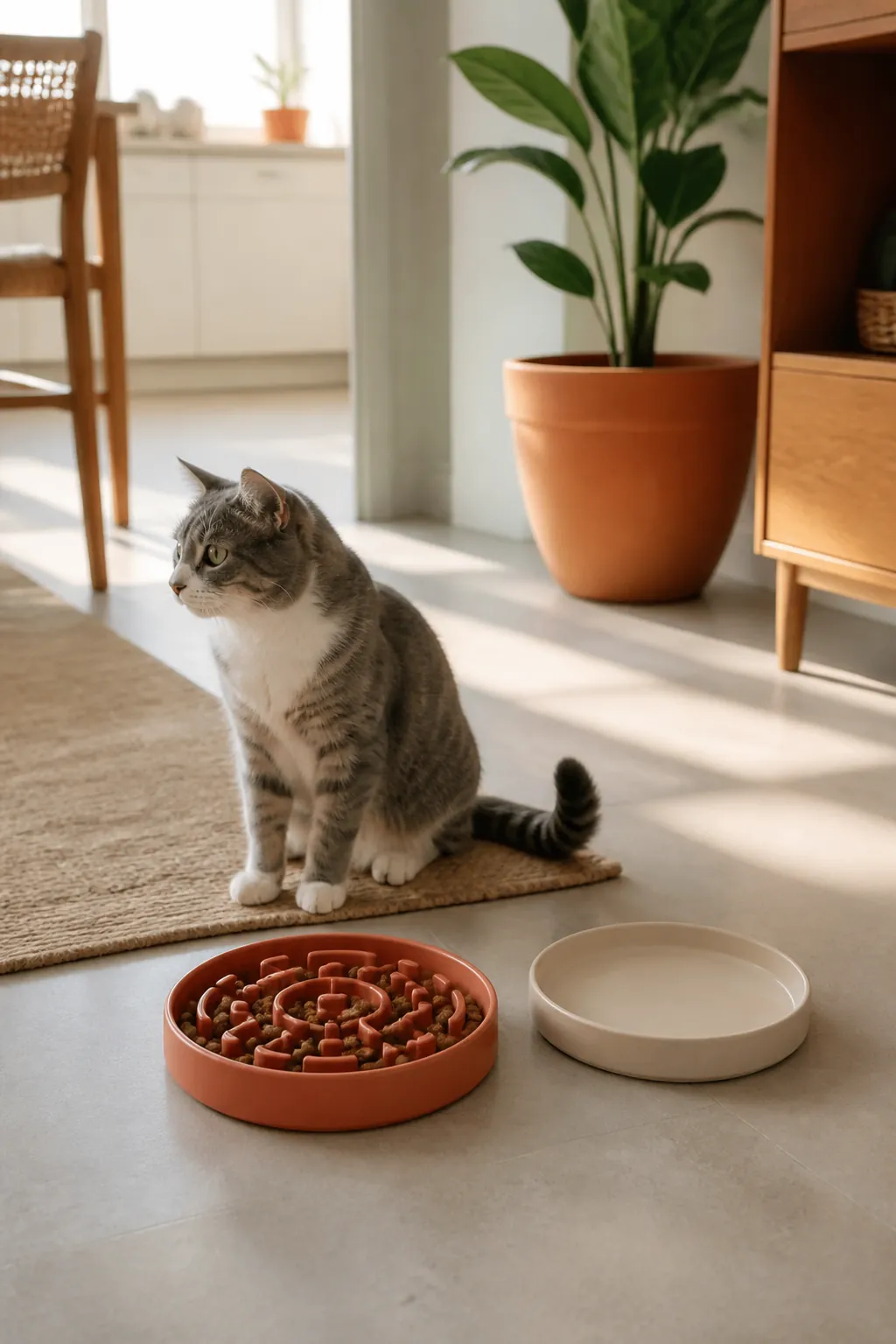 Ridged slow-feeder tray filled with kibble sitting on a kitchen floor next to an empty flat bowl