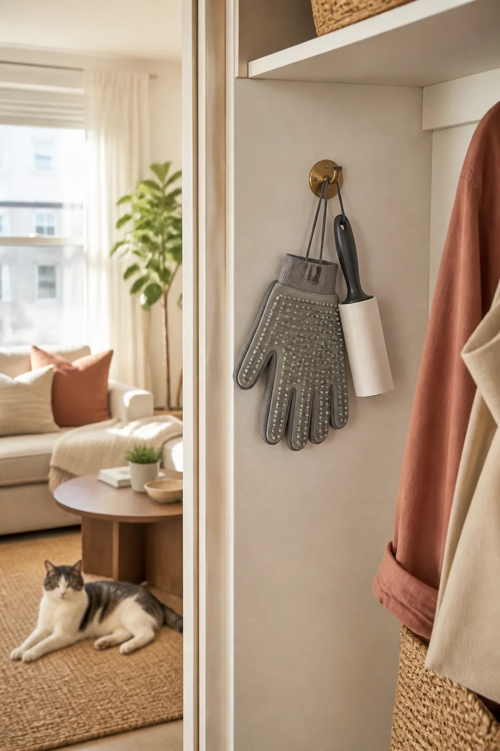Grooming glove and lint roller hanging together from a hook inside a front door closet