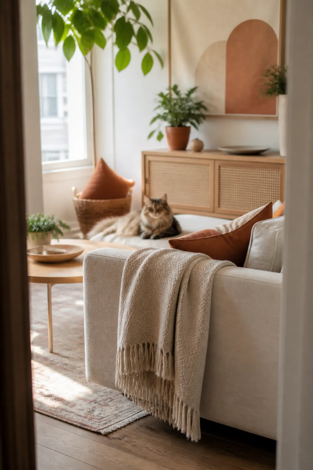 Neutral beige throw blanket folded over the arm of a sofa in a small living room