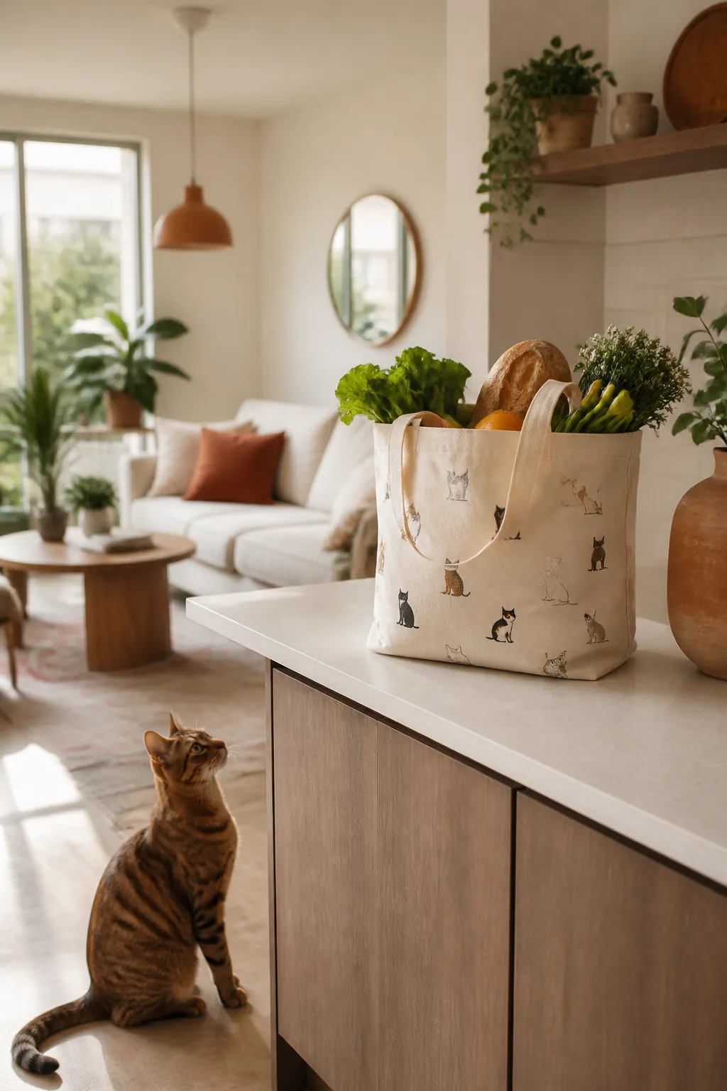 Canvas tote bag printed with a small cat design, filled with groceries on a kitchen counter