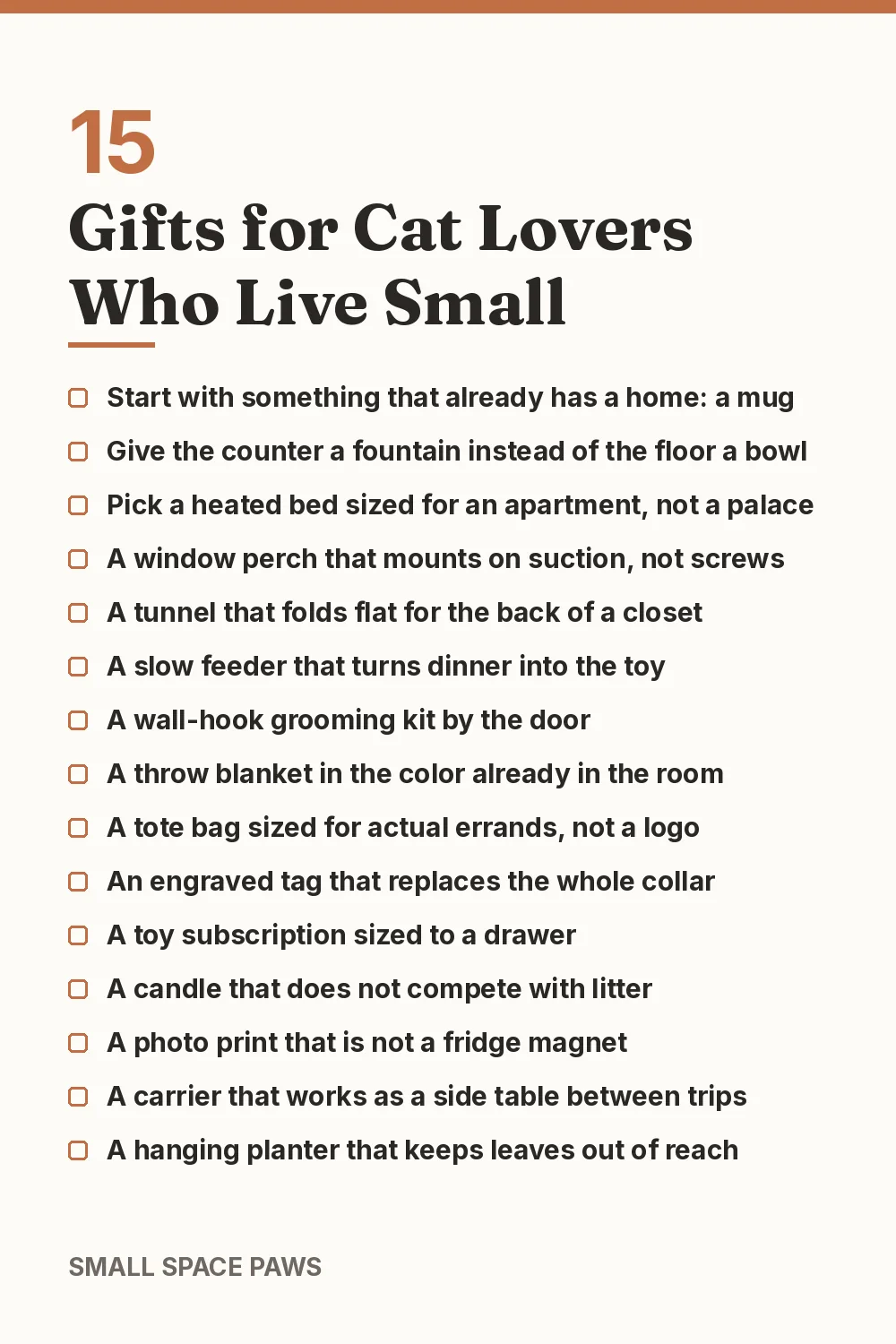 Checklist of every idea in 15 Gifts for Cat Lovers Who Live Small