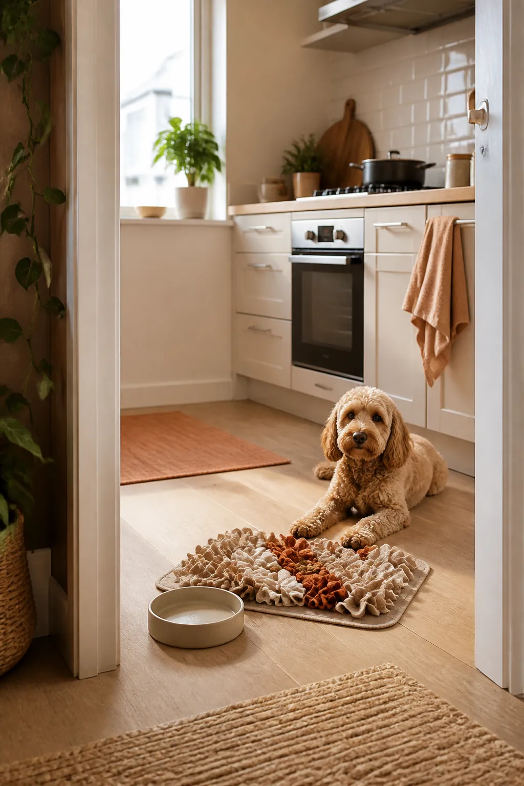 Fabric snuffle mat with kibble tucked into its folds lying on a kitchen floor beside an empty bowl
