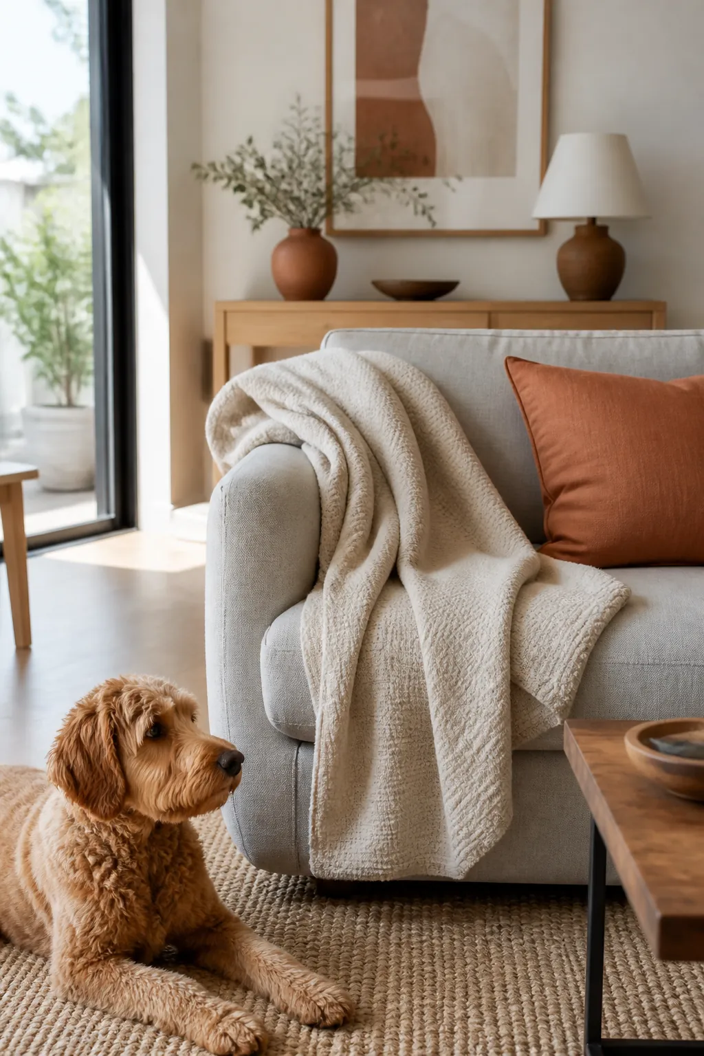 Neutral washable throw blanket folded over the arm of a sofa in a small living room