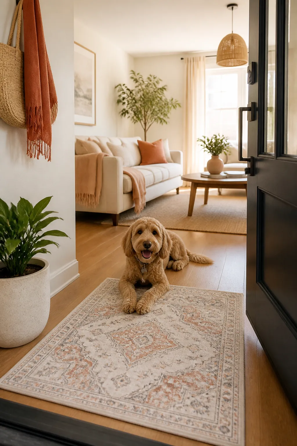 Low-pile washable rug with a non-slip backing laid just inside a front door