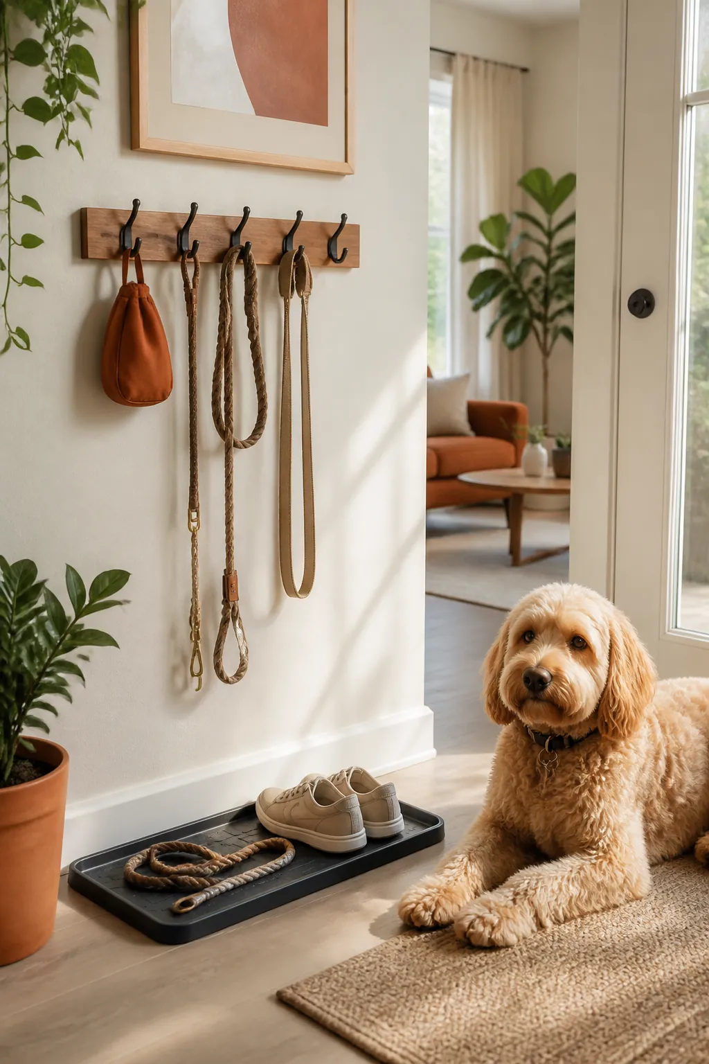 Rigid rubber boot tray on the floor beneath a row of wall-mounted leash hooks by a door