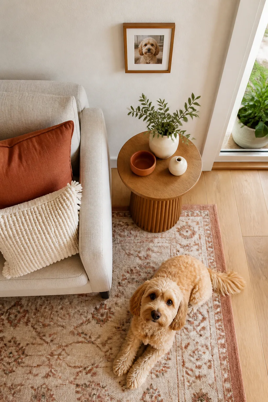 Small framed photograph of a dog hanging on a living room wall above a side table