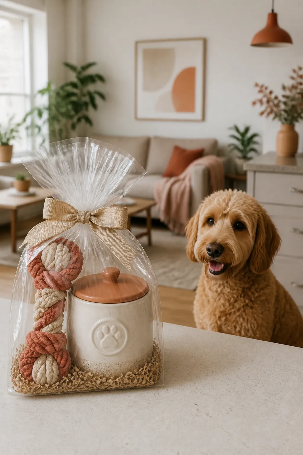Rope toy and ceramic treat jar wrapped together as a gift bundle on a kitchen counter