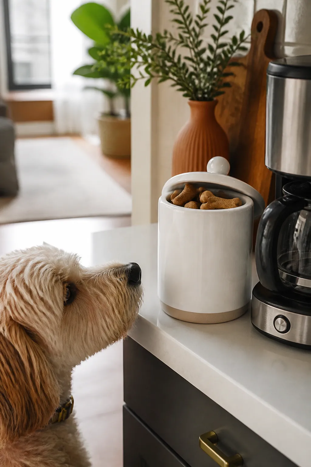 White ceramic treat jar with an airtight lid sitting on a kitchen counter near a coffee maker