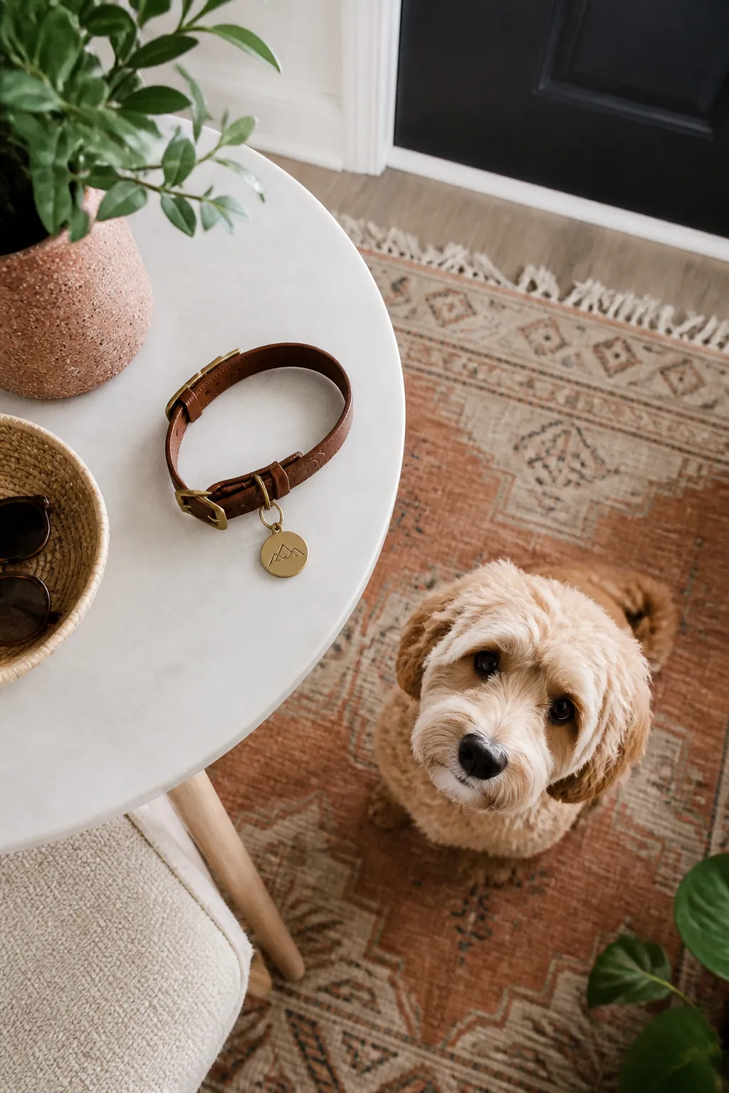 Engraved pet ID tag attached to a dog collar resting on a table near an apartment door
