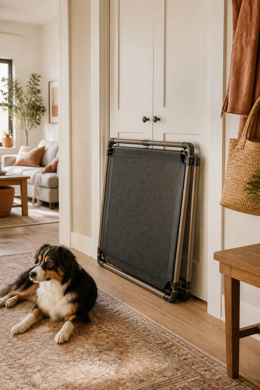 Raised mesh cot folded flat and leaning against a hallway closet door near a small dog