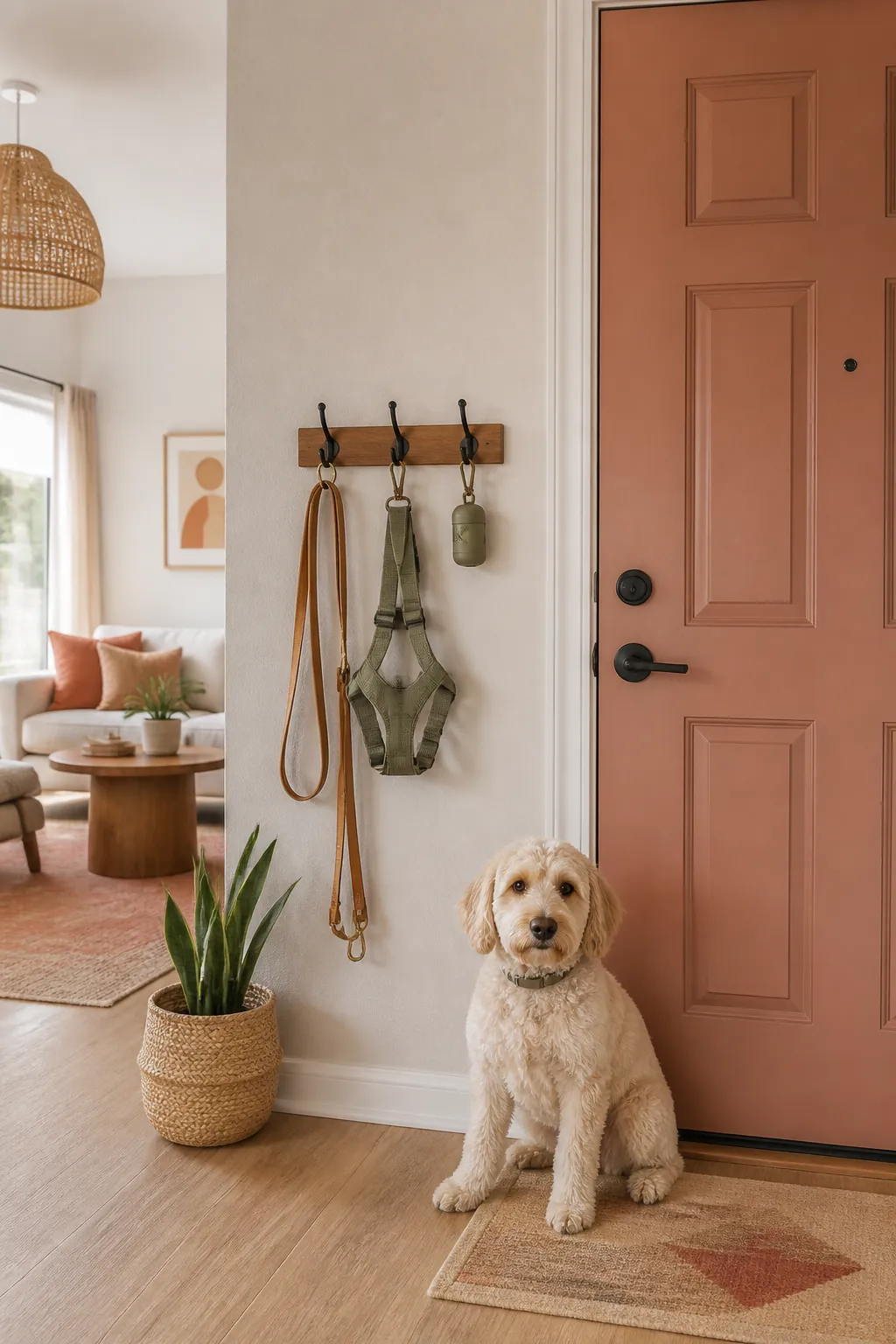 Wall-mounted hook rack holding a leash a spare harness and a roll of waste bags by the door