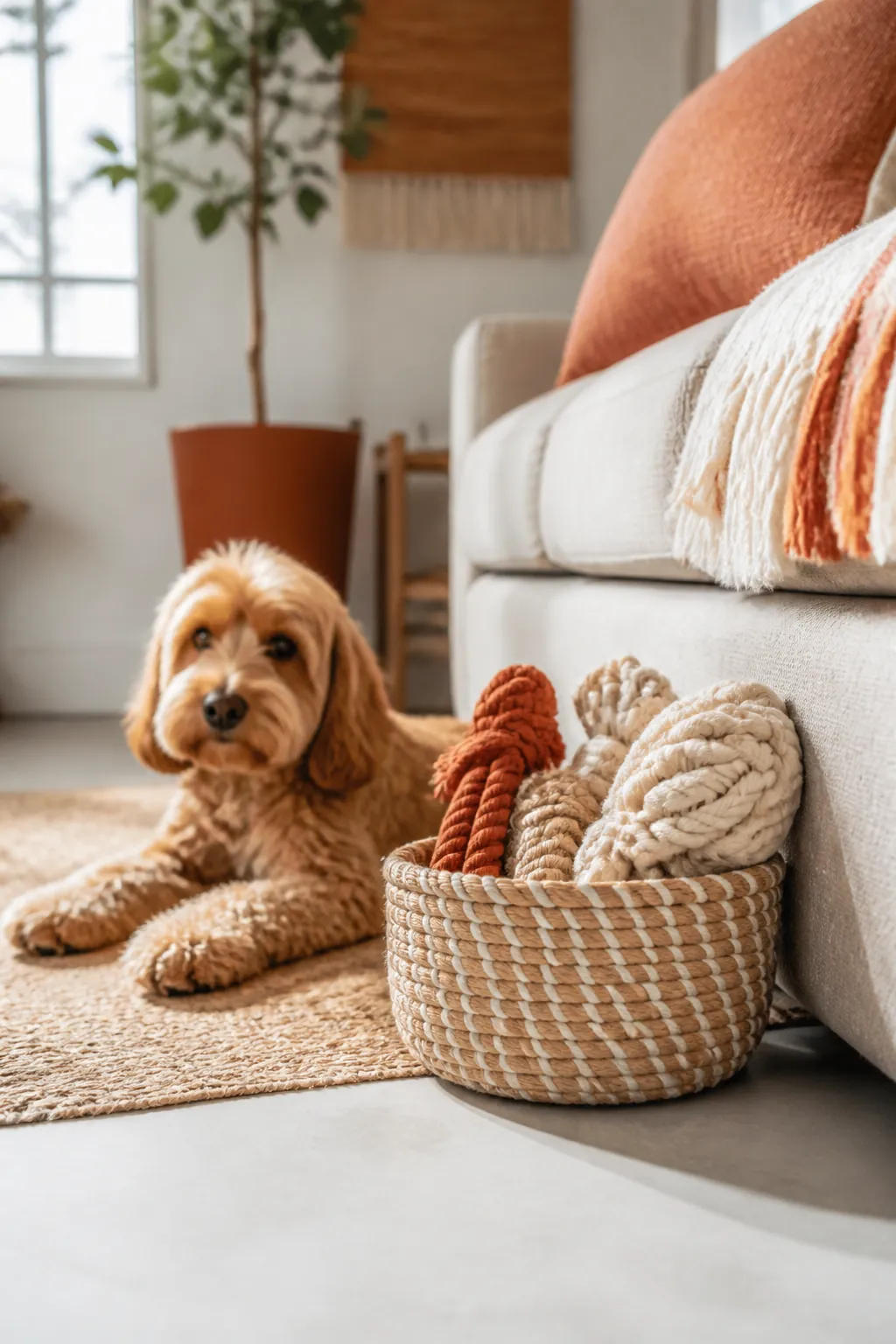 Small woven basket holding three cotton rope toys of different sizes beside a sofa