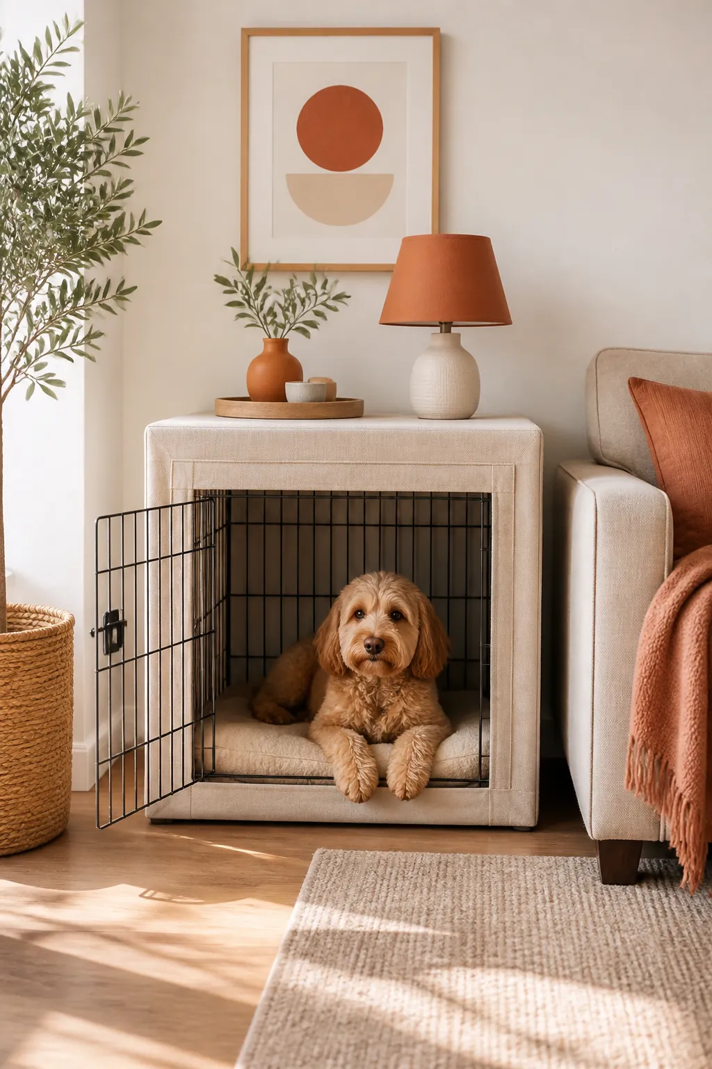 Wire dog crate fitted with a fabric cover that gives it the look of a side table
