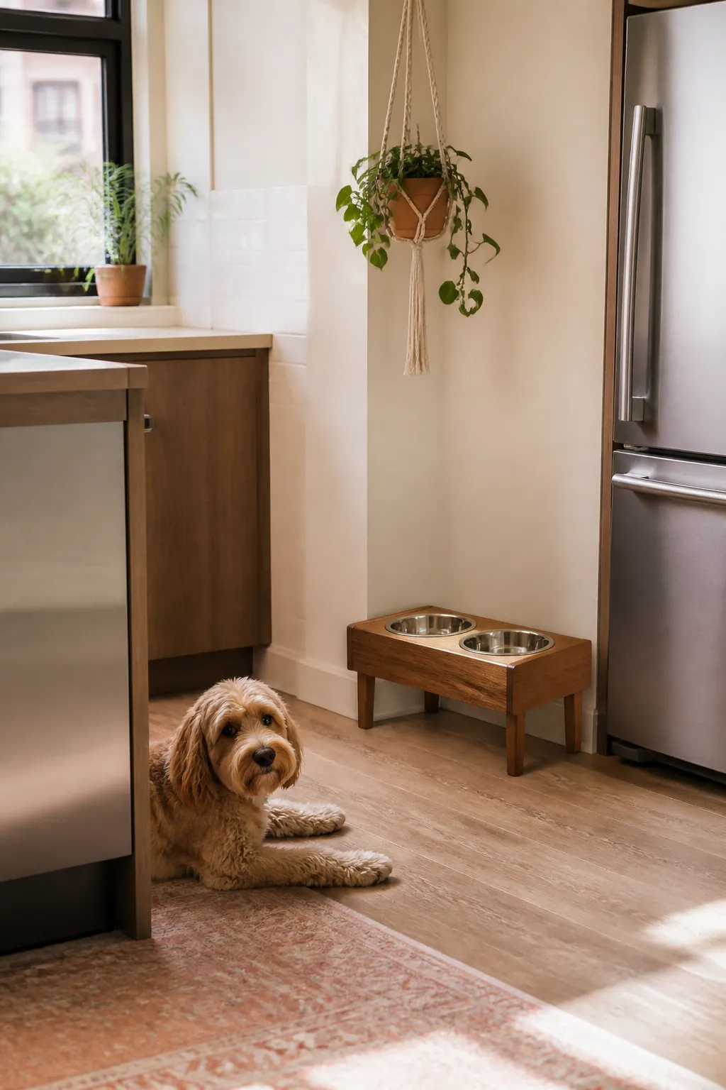 Raised wooden bowl stand holding two steel bowls positioned in a small apartment kitchen corner