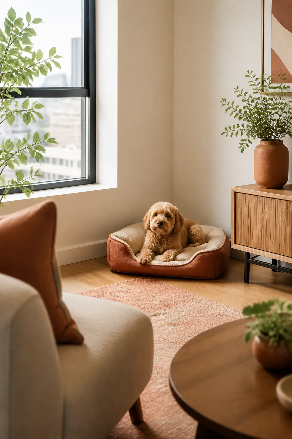 Small washable dog bed with a zip-off cover placed in a quiet corner away from a sofa