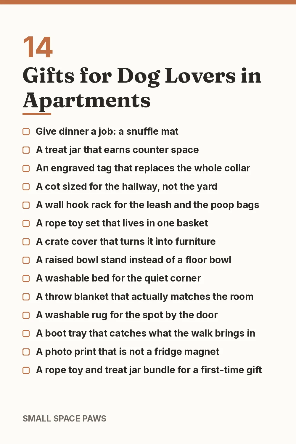 Checklist of every idea in 14 Gifts for Dog Lovers in Apartments