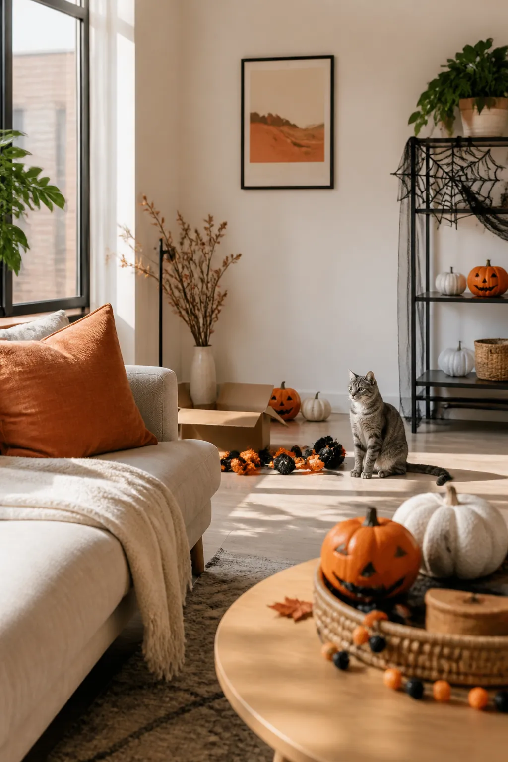 Cat sitting near a partially set up Halloween display being watched from the sofa