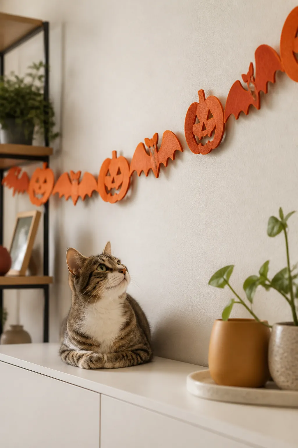 Orange garland tacked flat against a wall well above a cat's reach