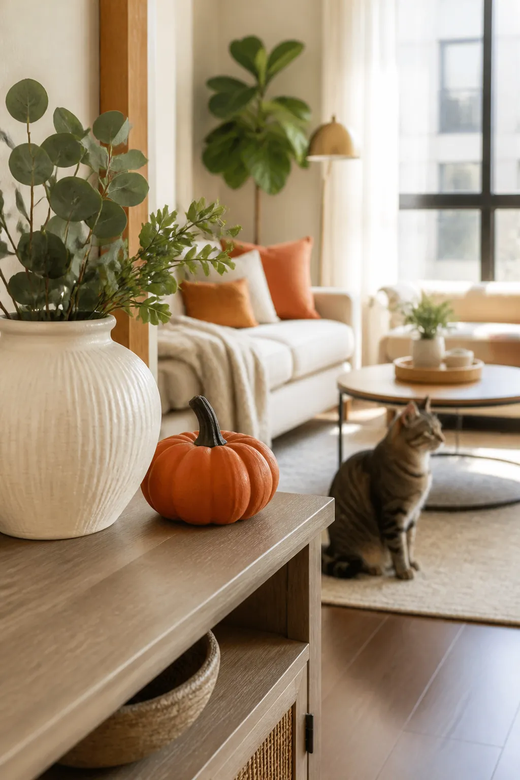 Small pumpkin decoration with a wide flat base standing steady on a console table