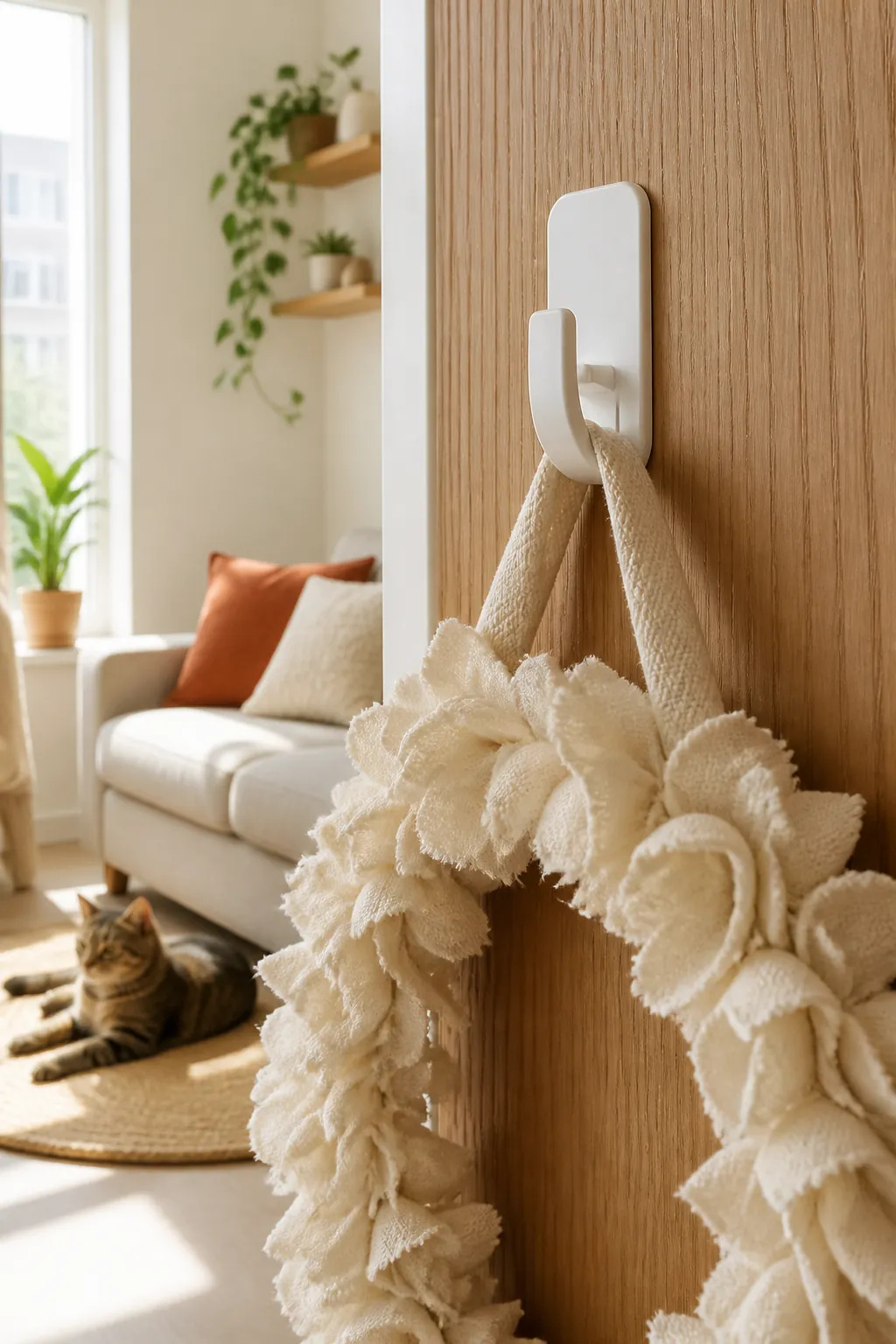 Removable adhesive hook holding a small wreath on a rental apartment door