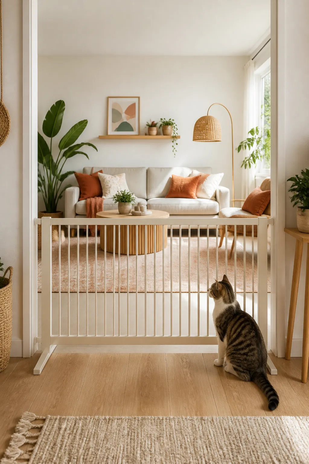 Freestanding pet gate standing across a doorway into a Halloween decorated living room