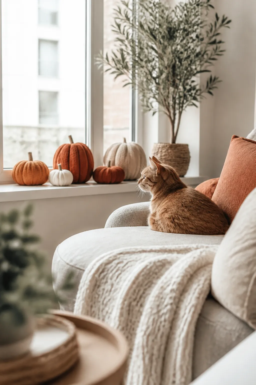 Fabric pumpkin decorations grouped together on a low windowsill