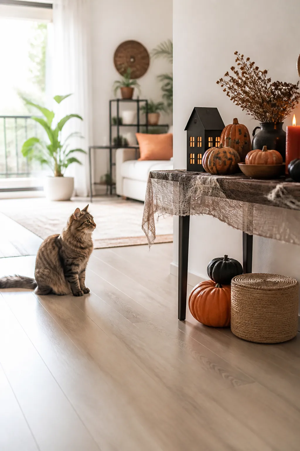 Clean apartment floor near a Halloween display with no loose confetti scattered