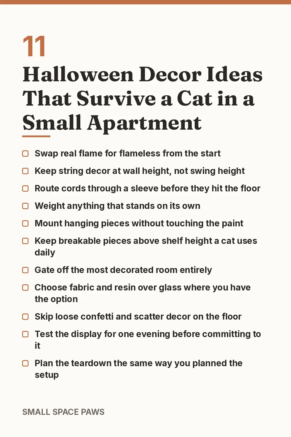Checklist of every idea in 11 Halloween Decor Ideas That Survive a Cat in a Small Apartment