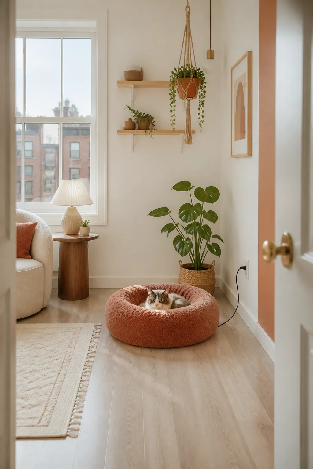 Round donut-shaped heated cat bed with its power cord resting on an apartment floor
