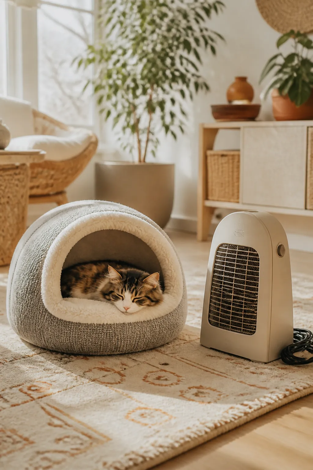 Small heated cat bed on the floor beside an unplugged portable space heater