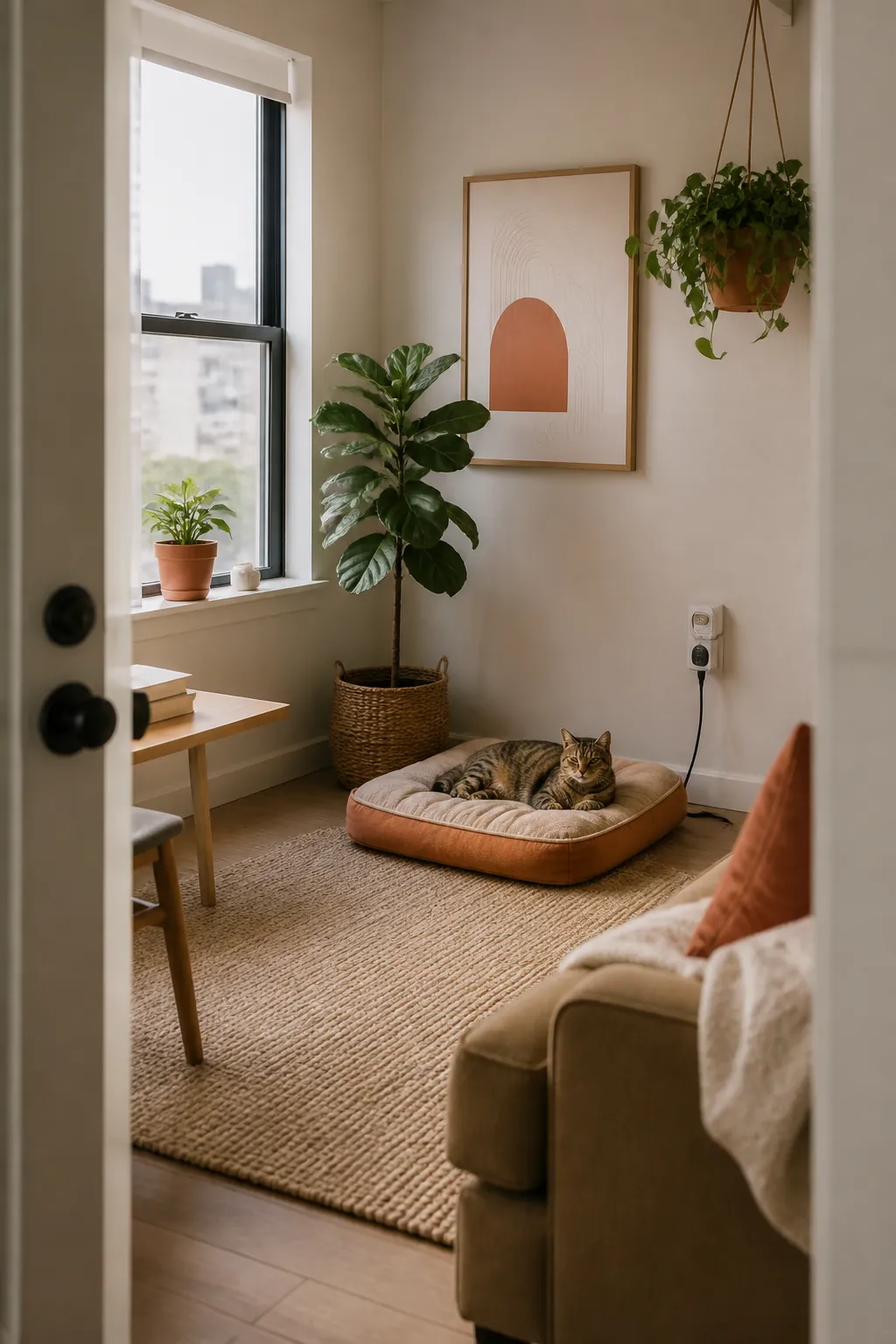 Heated cat bed on the floor of a small apartment room near a wall outlet, its cord plugged into the socket
